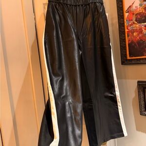 Anthropologie Black Wide-Leg Faux Leather Pants with Cream Side Stripe